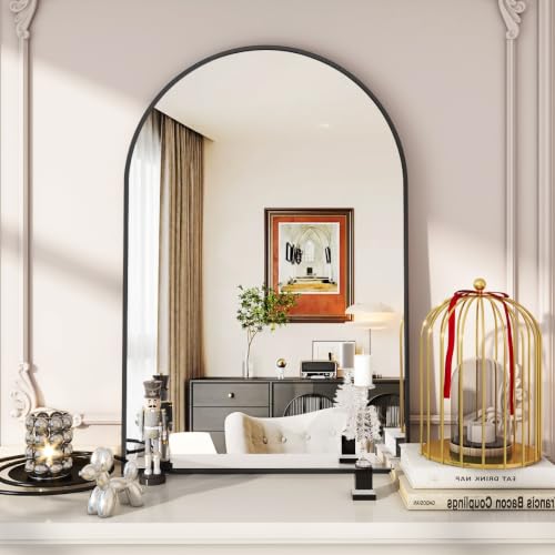 24x36 Inch Arched Wall Mirror, Black Metal Frame Vanity Mirror