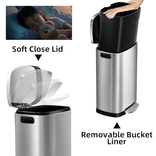 13 Gallon Stainless Steel Trash Can with Soft Close Lid and Pedal