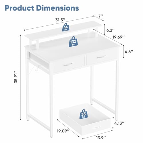 31-Inch Small Computer Desk with Drawers and Monitor Stand - White