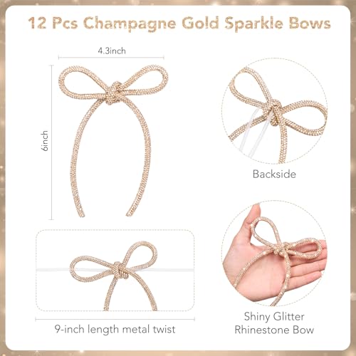 Champagne Gold Christmas Bows 12 Pcs 4.3 x 6 in - Flair Gifts Sparkle Tree Ornaments