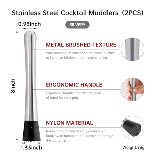 Eispap 2Pcs Silver 8 Inch Stainless Steel Cocktail Muddler & Mixing Spoon Set