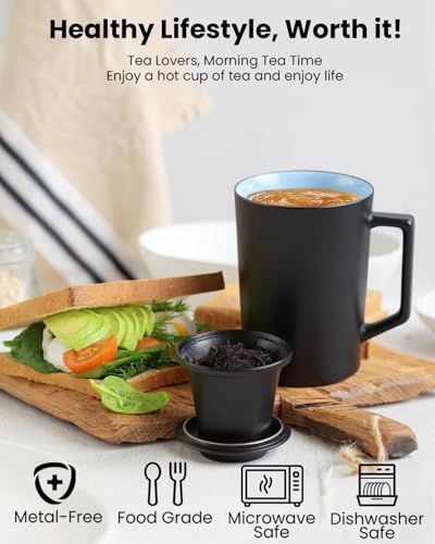 15 oz Ceramic Tea Mug with Lid & Porcelain Infuser - All Natural Filter, Microwave & Dishwasher Safe, BPA-Free, Black