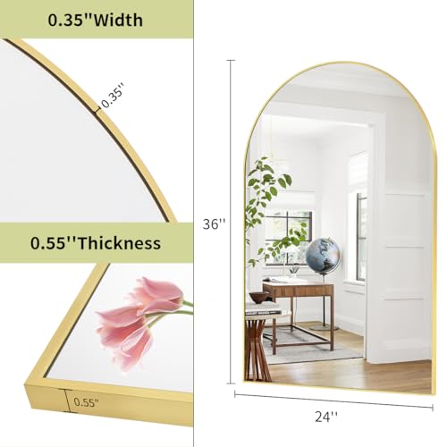 24x36 Inch Arched Wall Mirror, Brushed Metal Frame Vanity Mirror for Bathroom