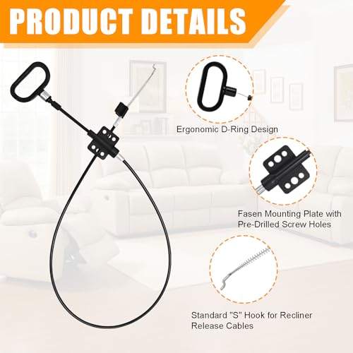 Universal Recliner Replacement Cable with D-Ring Handle, 44.5-Inch