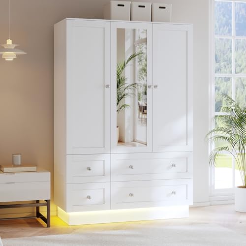 3-Door Bedroom Wardrobe Closet with Mirror, LED Lights and 4 Drawers, White