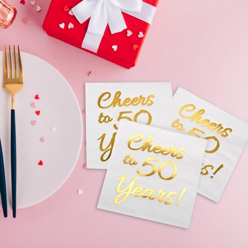 Sllyfo 50th Birthday Party Napkins White & Gold 50 Pack Cheers to 50 Years 5x5"
