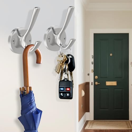Brushed Nickel Double Wall Hooks - Heavy Duty Coat and Towel Hooks (2 Pack)