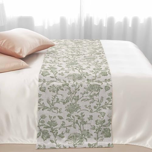 Sage Green Queen Bed Runner - Vintage Botanical Satin Bed Scarf (94"x20")