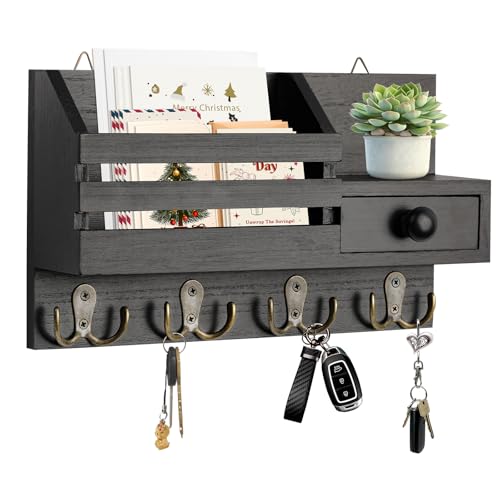Wall Mount Key and Mail Organizer with 8 Hooks, Drawer, and Shelf