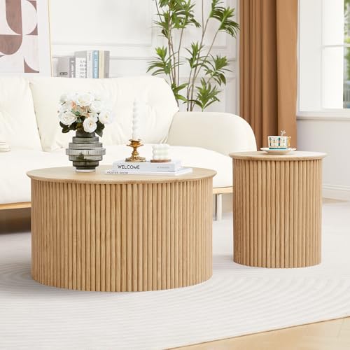 Fluted Round Nesting Coffee Table Set of 2, Modern Wood Center Tables