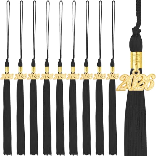 10-Pack Black Graduation Tassels with 2026 Gold Year Charms for Caps