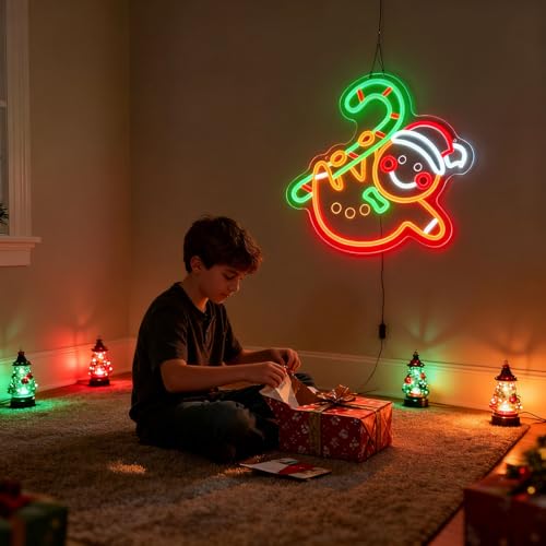 UHEBU Gingerbread Man & Candy Cane Whimsical LED Neon Sign - Christmas Home Decor
