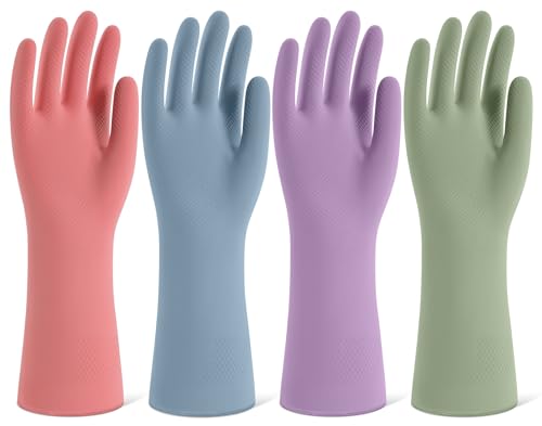 Reusable Rubber Dishwashing Gloves with Flocked Lining (4 Pairs) - Size M