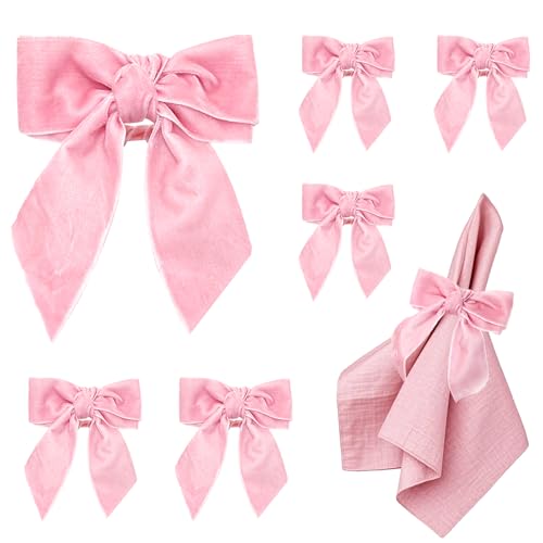 Davifina Pink Velvet Bow Napkin Rings Set of 6 for Christmas & Valentine’s Table Decor