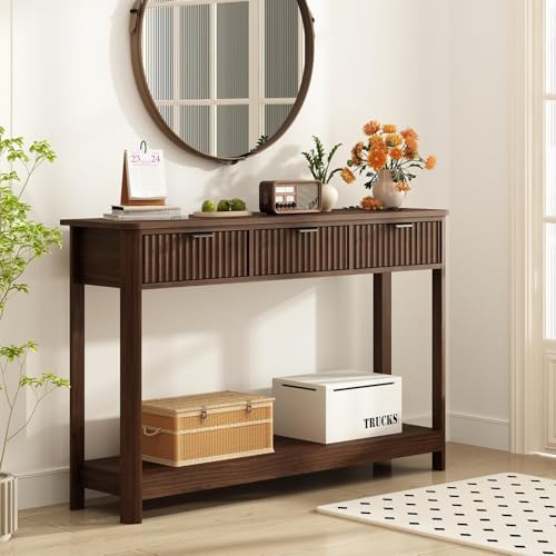 Fluted Wood Console Table with 3 Drawers, 47-inch Boho Entryway Sofa Table