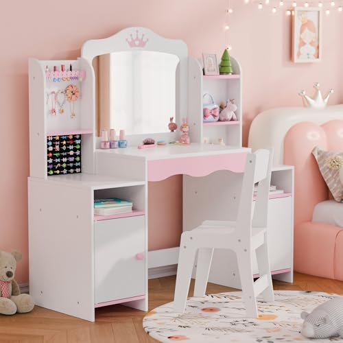 Kids Vanity Set with Mirror, Stool, and Jewelry Storage - White Wooden Desk