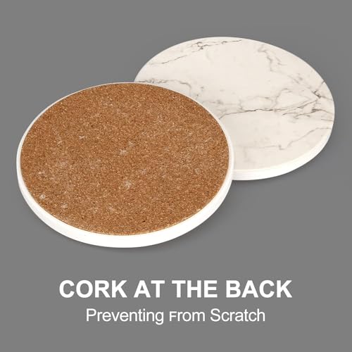 White Marble Coasters Set of 6 with Cork Non-Slip Bottom and Gold Holder - Absorbent Ceramic Drink Coasters