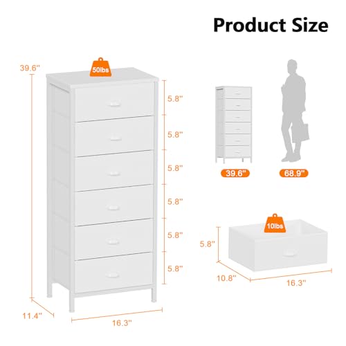 White 6 Drawer Dresser Tall Skinny Storage Tower for Bedroom Closet