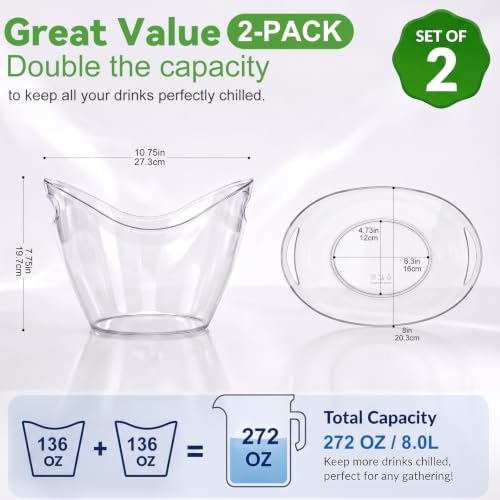 USUIT 4L Clear Plastic Ice Bucket - Pack of 2, Wine & Beer Chiller for Parties