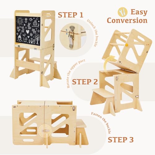 4-in-1 Foldable Toddler Learning Tower, Anti-Tip Kitchen Helper Stool