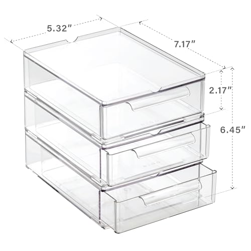 Small 3 Pack Clear Stackable Storage Drawers with Handles - Modular Plastic Organizer