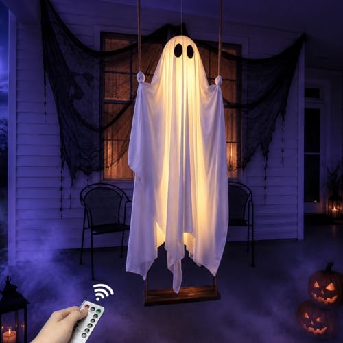 5ft Hanging Swing Ghost Halloween Outdoor Decoration with Remote Lights