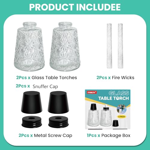 2-Pack Glass Tabletop Citronella Torches with Wicks & Snuffers for Patio