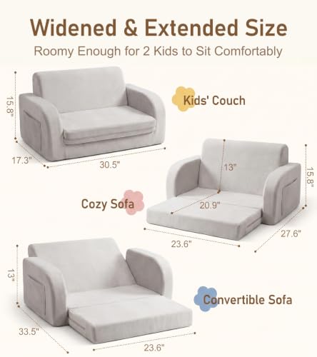 3-in-1 Convertible Kids Sofa, Extra Wide Fold-Out Children's Couch, Gray