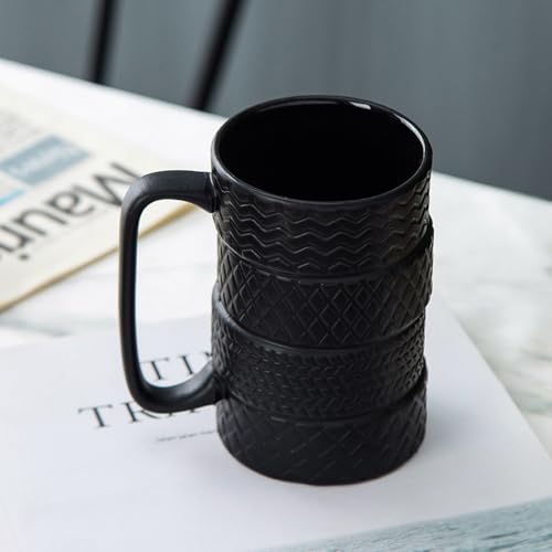 LOZACHE 500ml 3D Tire Funny Mug with Spoon & Handle – Black 03, Large Ceramic Coffee Cup for Dad, Mechanic Gift