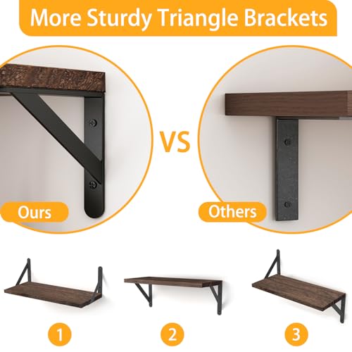 4-Piece Rustic Floating Wall Shelves, Carbonized Wood Storage Display Set