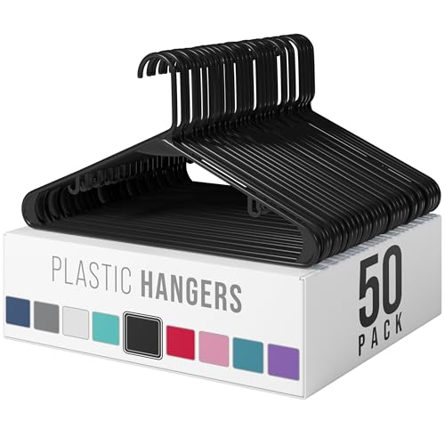 Black Plastic Hangers 50 Pack Heavy Duty Closet Space Saving