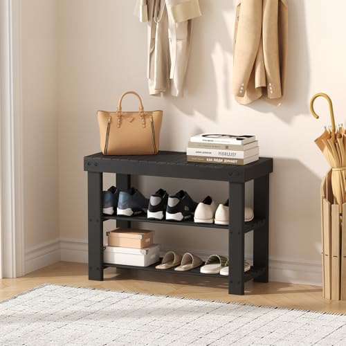 3-Tier Bamboo Shoe Rack Bench, 27-Inch Entryway Storage Organizer