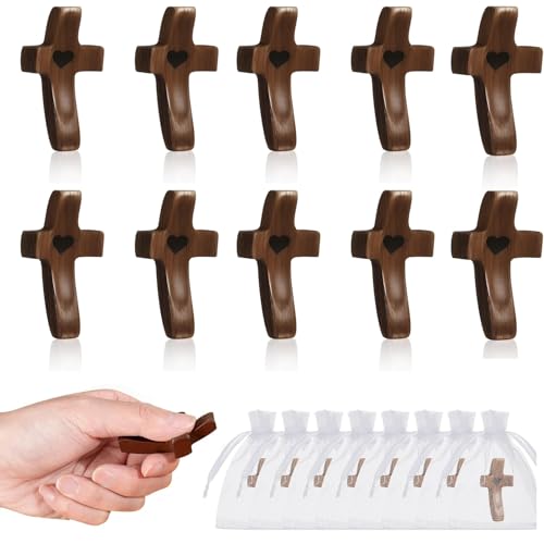 10-Piece Handmade Walnut Wooden Prayer Crosses with Organza Bags