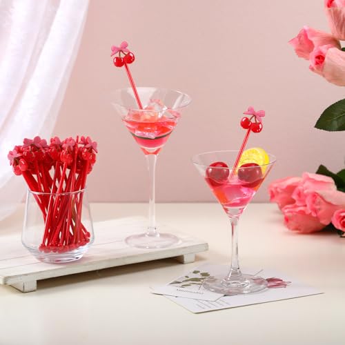 Reallnaive 30 Pcs Cherry Bow Drink Stirrers - 6 Inch Cocktail Picks for Parties