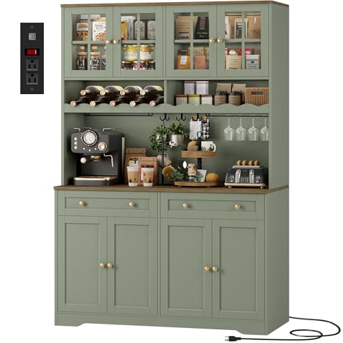 75" Tall Kitchen Pantry Storage Cabinet with Coffee Bar Hutch & Outlet