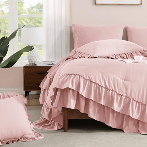 Queen Ruffle Comforter Set - Soft Pink 7-Piece Bedding Set