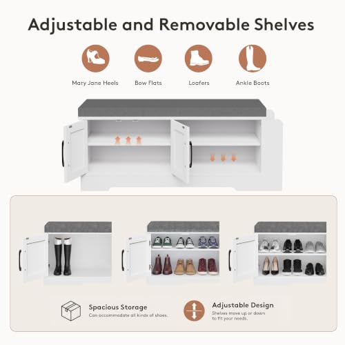 Farmhouse Shoe Storage Bench with Padded Seat and Adjustable Shelves