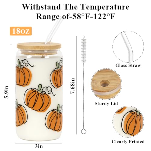 Joyseller 18oz Fall Pumpkin Iced Coffee Glass Cup with Lid & Straw - Orange
