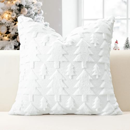 OTOSTAR 20x20 White Christmas Tree Plush Pillow Cover - Faux Fur Wool Cozy Throw Cushion