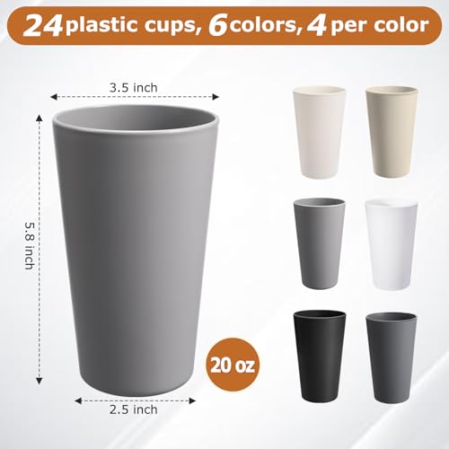 24 Pc 20 oz Unbreakable Plastic Cups Set, Reusable Stackable Drinking Cups