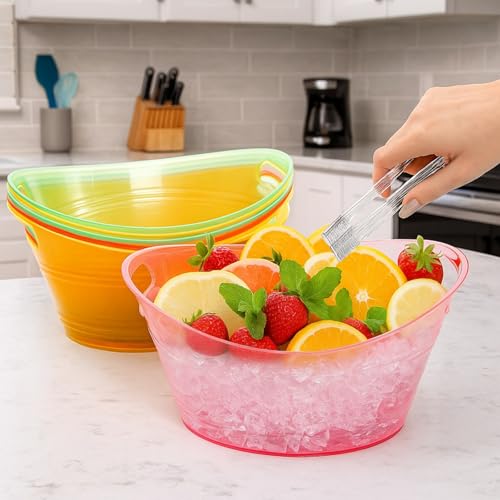 6 Pack Plastic Ice Buckets with Tongs - 4.5L Large Capacity, Neon Design