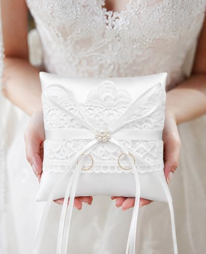 2 PCS Lace Pearl Ring Bearer Pillow Set with Bowknot for Wedding Ceremony