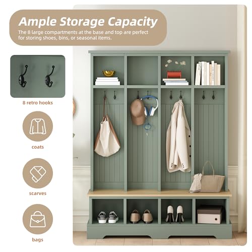 59-Inch Farmhouse Hall Tree with Bench, Shoe Storage, and 8 Coat Hooks