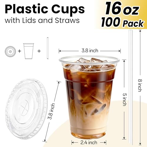 16 oz Clear Disposable Plastic Cups with Lids and Straws - 100 Pack