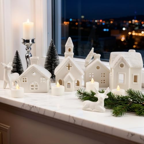 14-Piece Ceramic Christmas Village Set with LED Lights and Santa Figurine