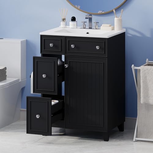 24-Inch Modern Bathroom Vanity Set with Ceramic Sink, 2 Drawers, 1 Door