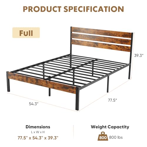 Full Size Metal Bed Frame with Rustic Headboard and Under Bed Storage