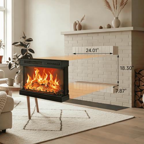 24-Inch Electric Fireplace Insert, 3-Sided Recessed & Wall Mount Heater with Remote