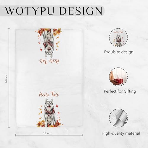 WOTYPU Husky-3 Fall Kitchen Towels, Dog & Maple Leaf Design, 16x24 Inch