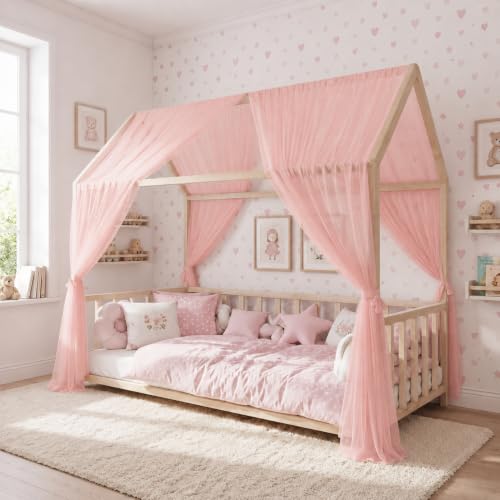 Pink Kids Bed Canopy Tulle Panels for House Beds with 4 Bow Tiebacks